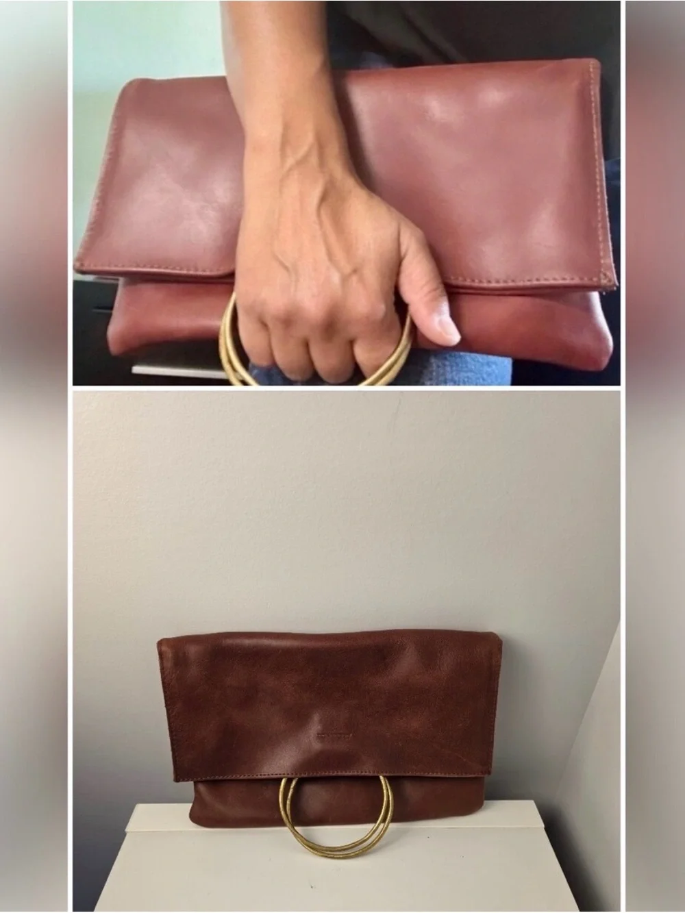 •Parker Clay • Nyala Fold over leather clutch rust